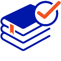 Book and checkmark icon in blue and orange