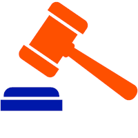 Gavel and sound block icon in orange and blue